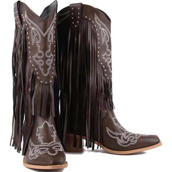 ⚡Women Brown Faux Leather Fringe Pointed Toe Chunky Heel Western Cowgirl Boots